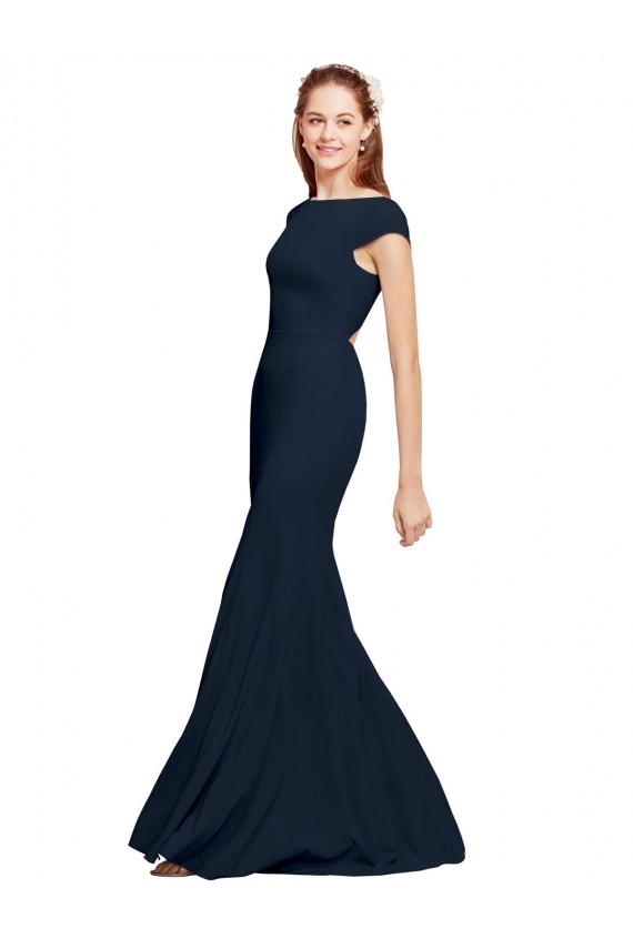 Buy Long Dark Navy Sleeveless A-Line Open Back Formal Dress