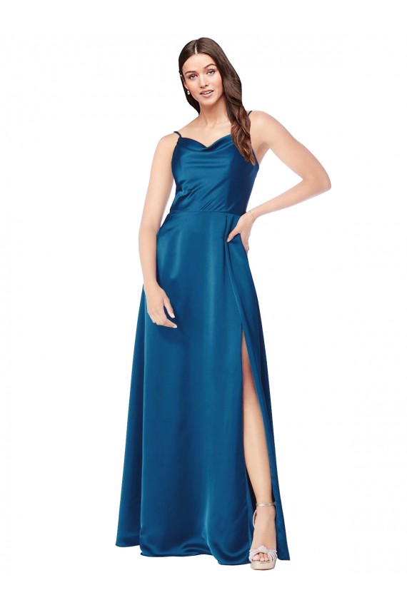 Buy Long Peacock Blue Sleeveless A-Line Low Back Formal Dress