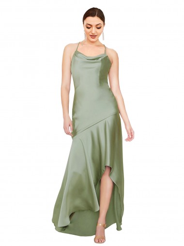 Buy Long Smoke Green Sleeveless A-Line Open Back High Low Formal Dress