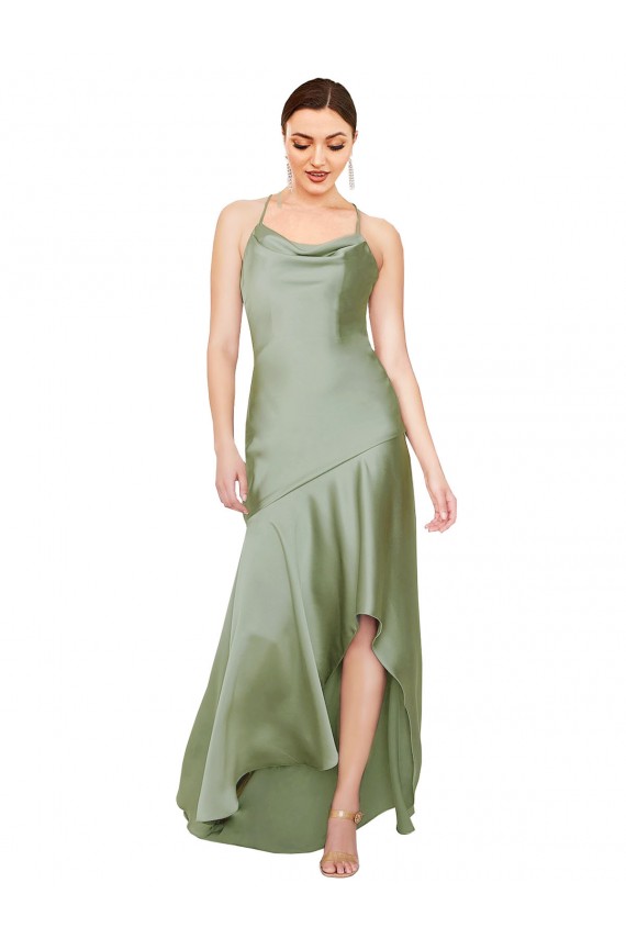 Buy Long Smoke Green Sleeveless A-Line Open Back High Low Formal Dress