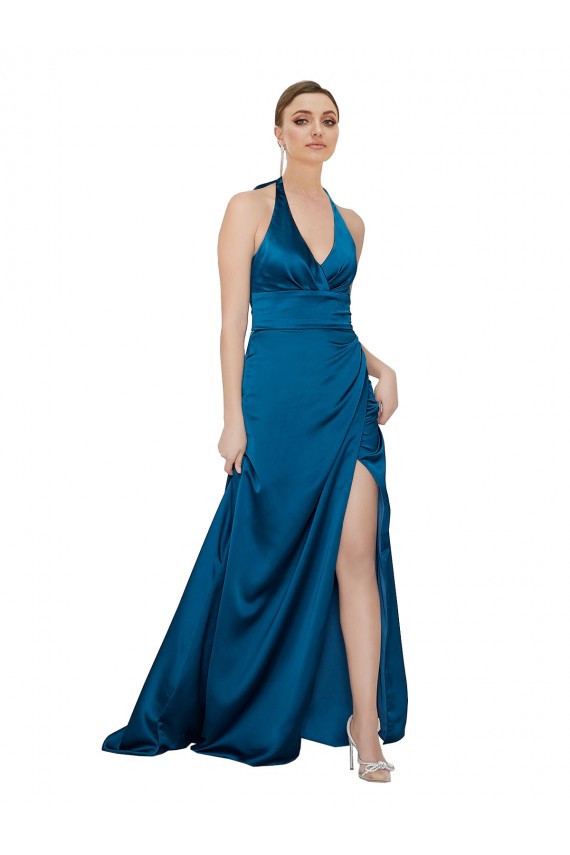 Buy Long Peacock Blue Sleeveless A-Line Open Back Formal Dress