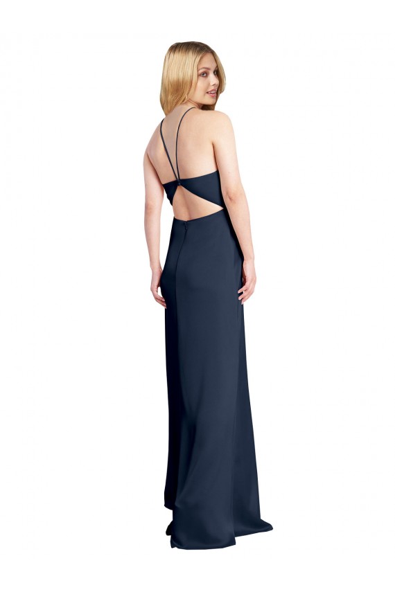 Buy Long Dark Navy Sleeveless A-Line Open Back Daring Side Slit Formal Dress