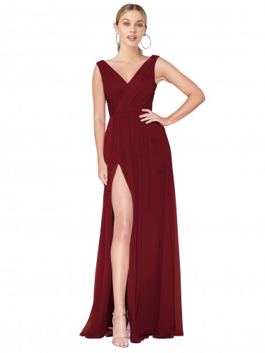 Buy Long Burgundy Sleeveless A-Line V-Back High Slit Black Tie Formal Dress