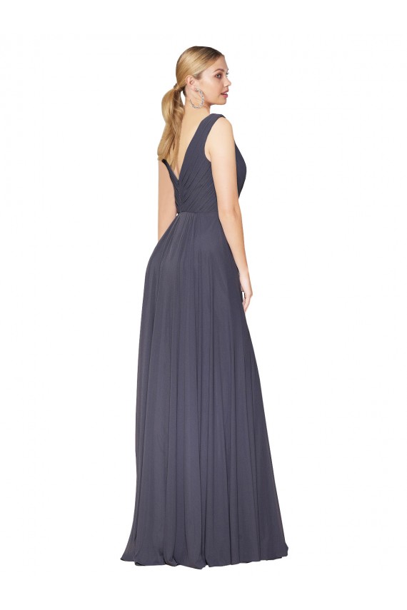 Buy Long Dusty Blue Sleeveless A-Line V-Back Formal Dress