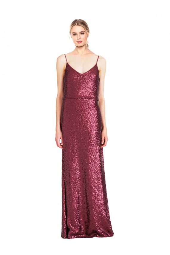 Buy Long Burgundy Sleeveless A-Line Sequin Formal Dress