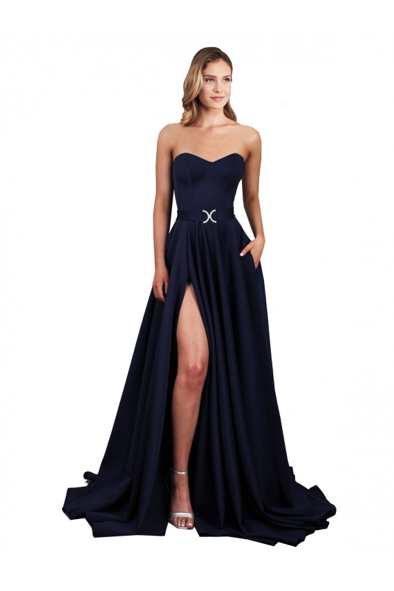 Buy Long Dark Navy Sleeveless A-Line Low Back Formal Gowns