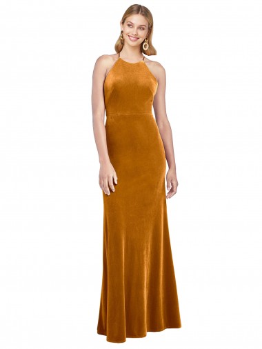 Buy Long Gold Sleeveless A-Line Open Back Stretch Velvet Formal Dress