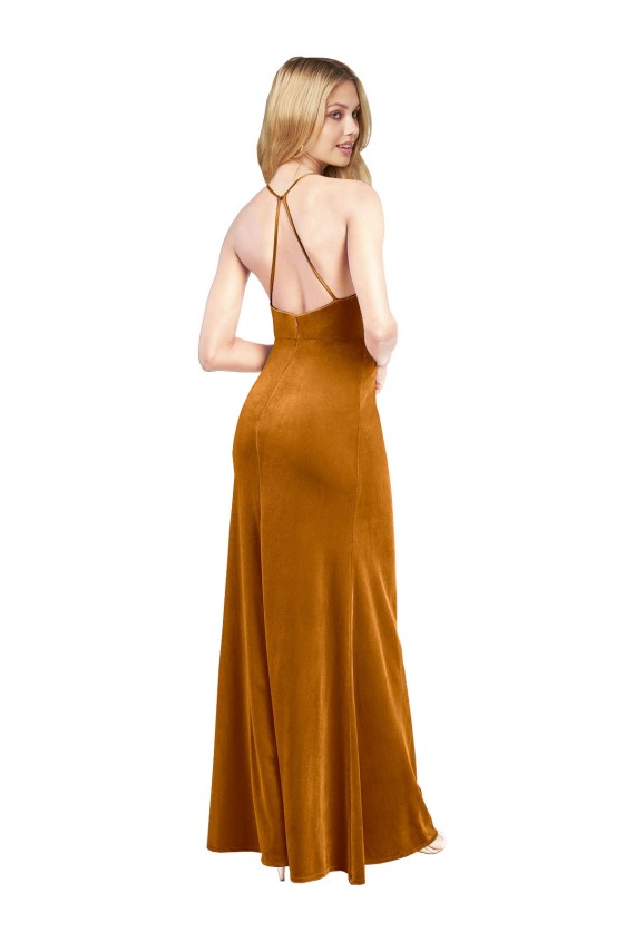 Buy Long Gold Sleeveless A-Line Open Back Stretch Velvet Formal Dress