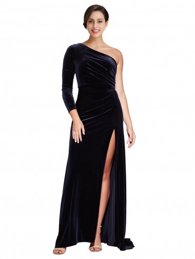 Buy Sweep Train Dark Navy Long Sleeves A-Line Formal Dress