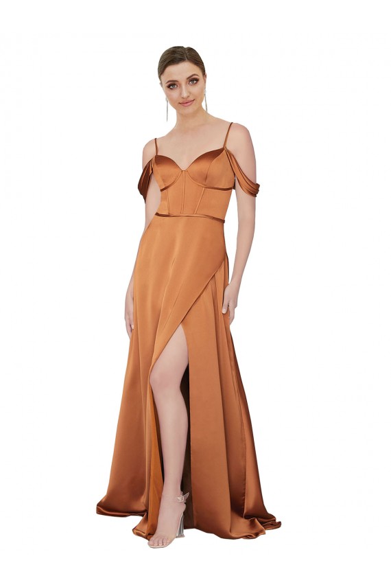 Buy Long Orange Cold Shoulder A-Line Low Back Formal Dress