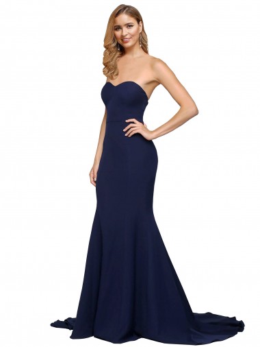 Buy Sweep Train Dark Navy Sleeveless A-Line Low Back Formal Gowns