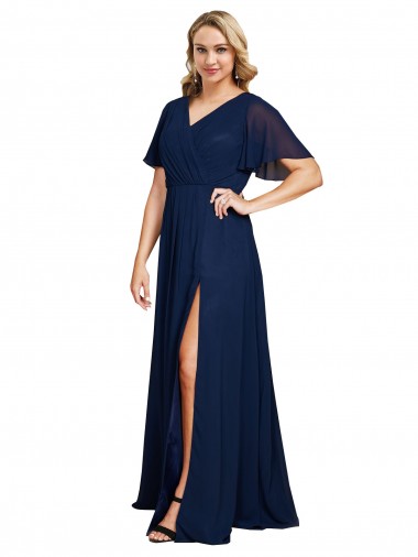 Buy Long Dark Navy Short Flutter Sleeves A-Line Formal Plus Size Formal Dress