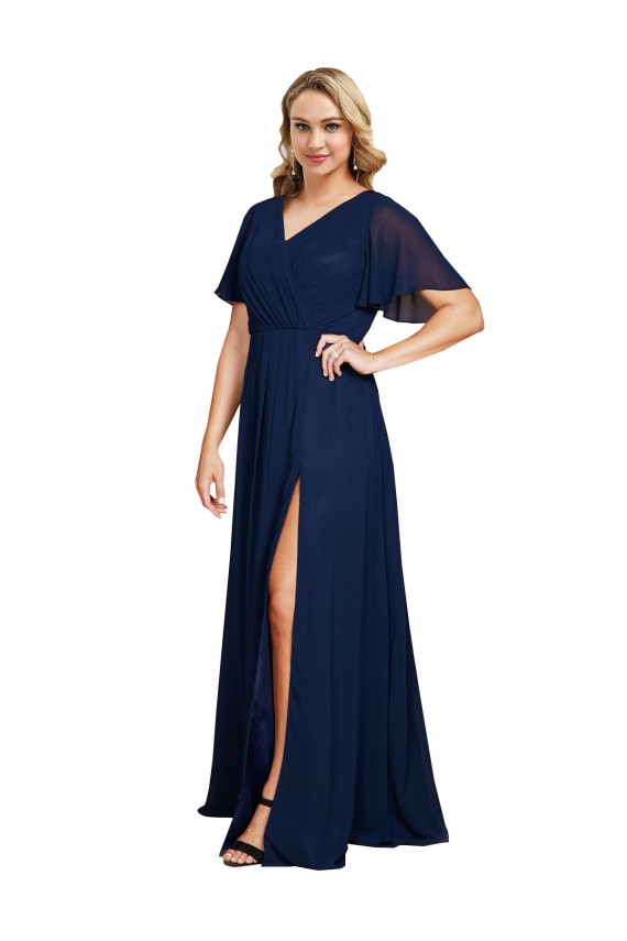 Buy Long Dark Navy Short Flutter Sleeves A-Line Formal Plus Size Formal Dress