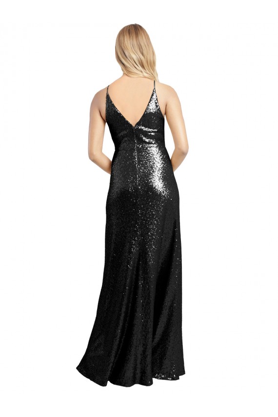 Buy Long Black Sleeveless A-Line V-Back Sequin Formal Dress