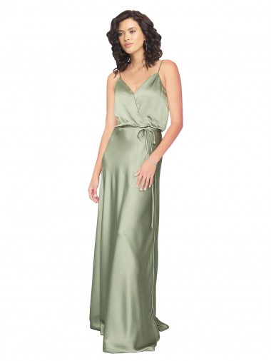 Buy Long Smoke Green Sleeveless A-Line V-Back Formal Dress