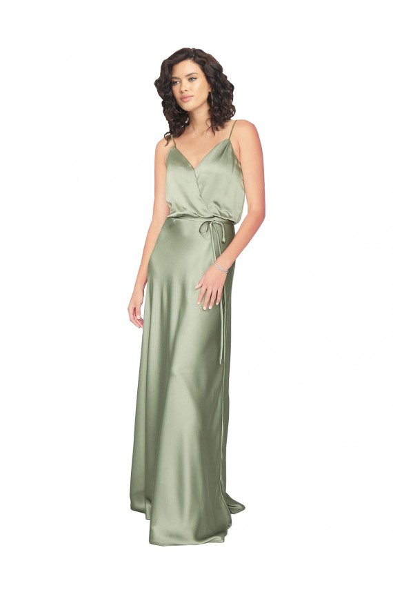 Buy Long Smoke Green Sleeveless A-Line V-Back Formal Dress