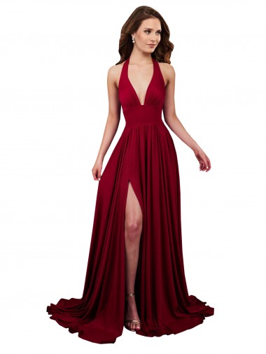 Buy Long Burgundy Sleeveless A-Line Open Back Side Slit Black Tie Formal Dress