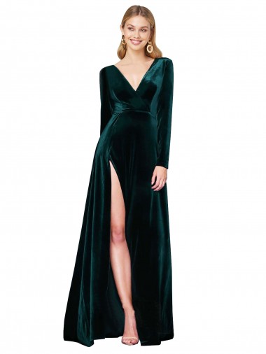 Buy Sweep Train Dark Green Long Sleeves A-Line Black Tie Formal Dress