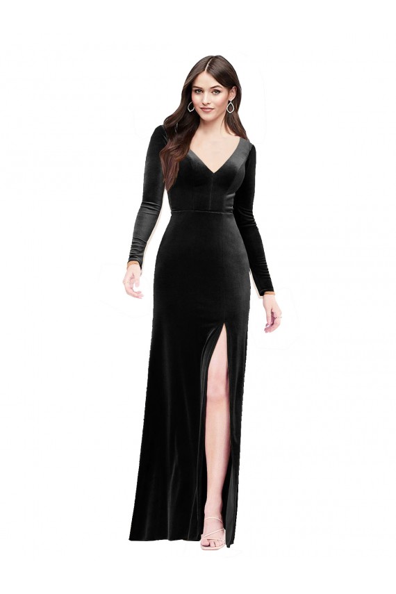 Buy Long Black Long Sleeves Column V-Back Formal Dress