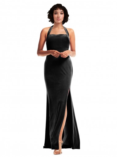 Buy Long Black Sleeveless Mermaid Low Back Stretch Velvet Formal Dress