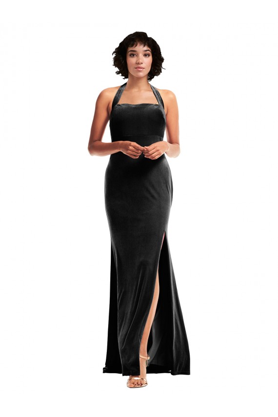 Buy Long Black Sleeveless Mermaid Low Back Stretch Velvet Formal Dress