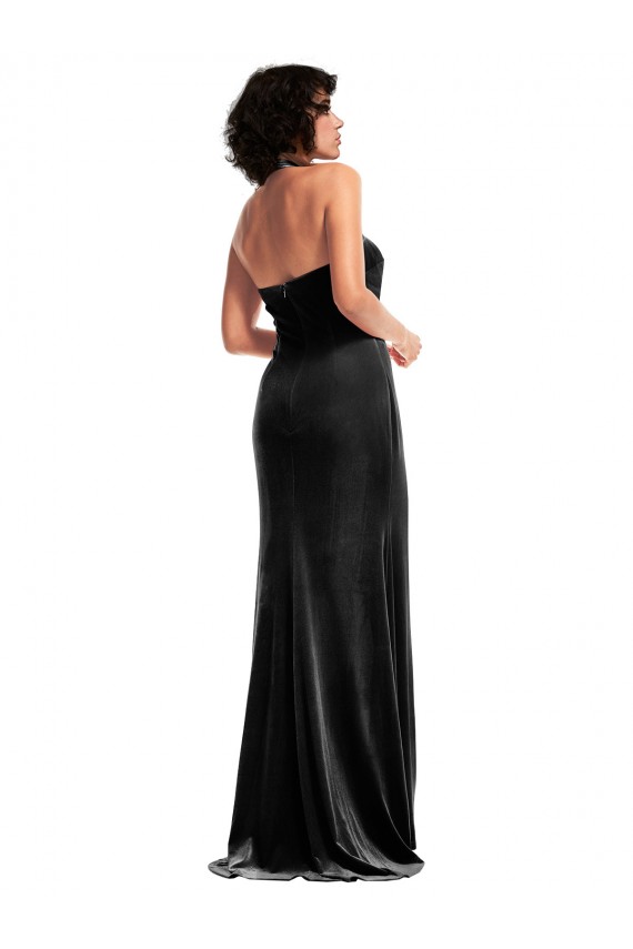 Buy Long Black Sleeveless Mermaid Low Back Stretch Velvet Formal Dress
