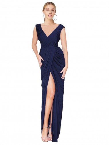 Buy Long Dark Navy Sleeveless Mermaid V-Back Front Slit Formal Dress