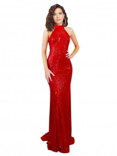 Buy Long Red Sleeveless Mermaid Open Back Sequin Formal Dress