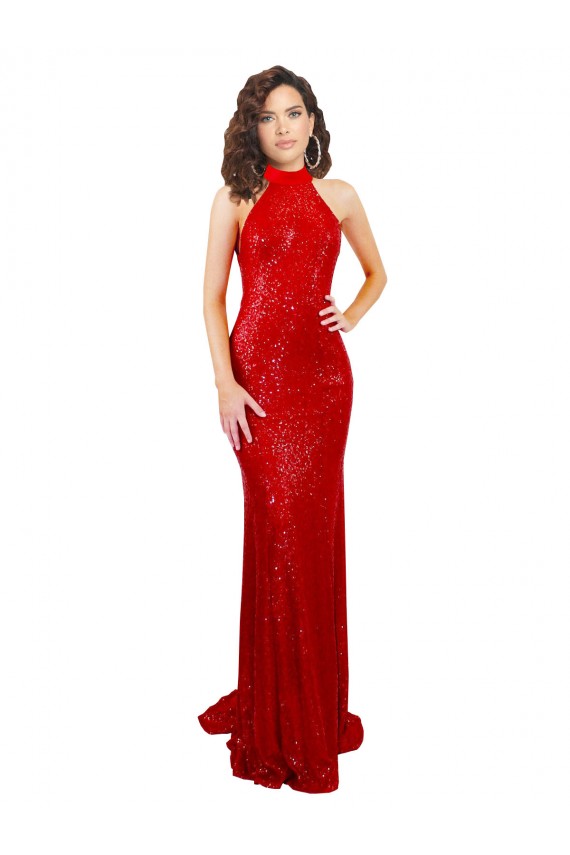 Buy Long Red Sleeveless Mermaid Open Back Sequin Formal Dress