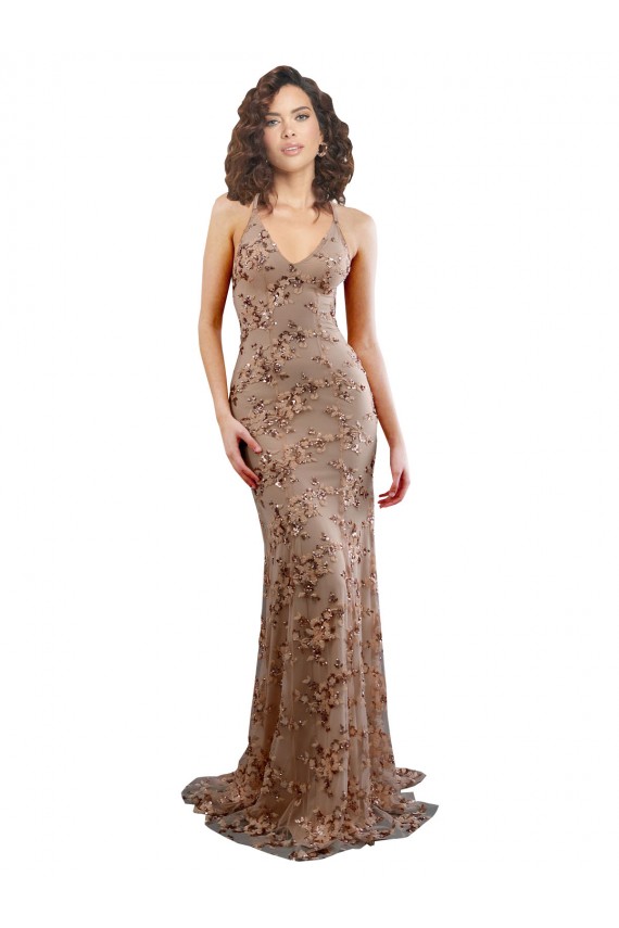 Buy Long Rose Gold Sleeveless Mermaid Open Back Formal Dress