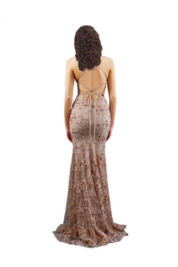 Buy Long Rose Gold Sleeveless Mermaid Open Back Formal Dress