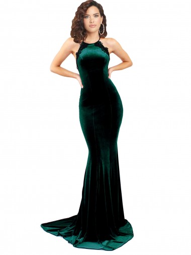 Buy Sweep Train Dark Green Sleeveless Mermaid Open Back Formal Dress