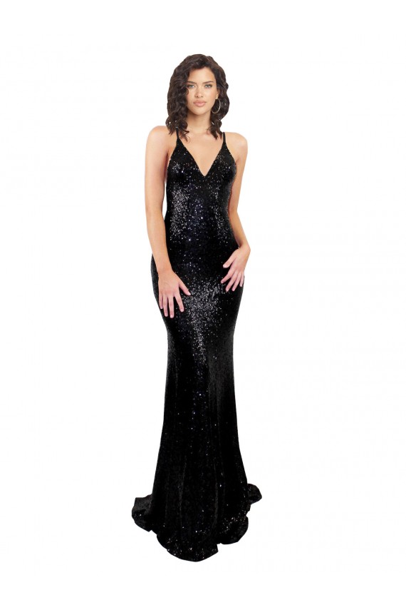 Buy Long Black Sleeveless Mermaid Open Back Black Tie Formal Dress