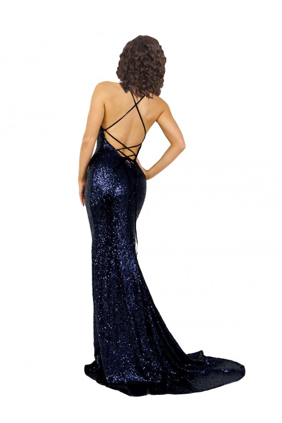 Buy Long Dark Navy Sleeveless Mermaid Open Back Sequin Formal Dress