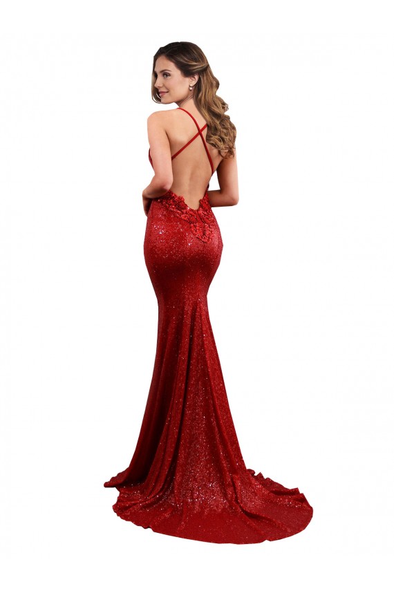 Buy Long Red Sleeveless Mermaid Open Back Sequin Formal Gowns