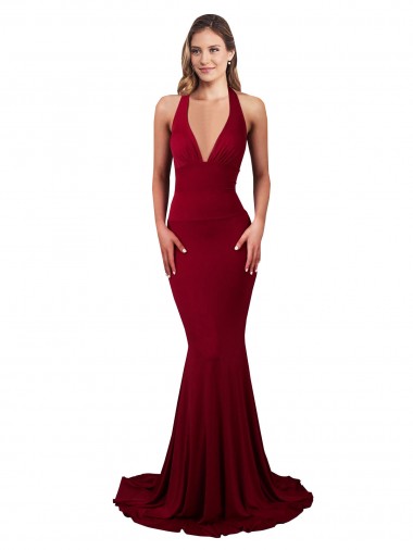 Buy Long Burgundy Sleeveless Mermaid Open Back Spandex Formal Dress