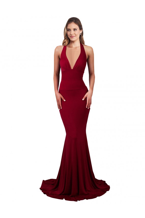 Buy Long Burgundy Sleeveless Mermaid Open Back Spandex Formal Dress
