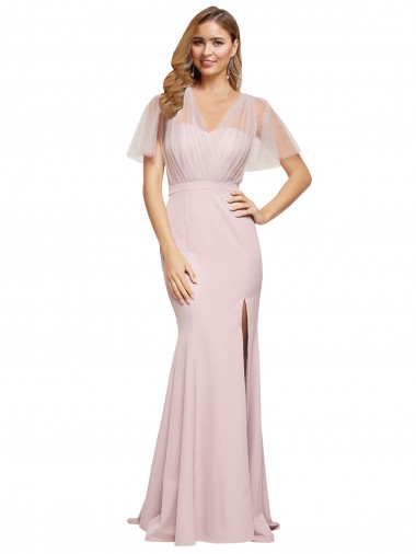 Buy Long Mauve Short Sleeves Sheath V-Back Formal Dress