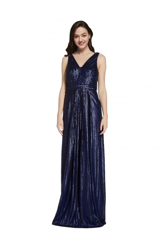 Buy Long Dark Navy Sleeveless Sheath V-Back Formal Dress