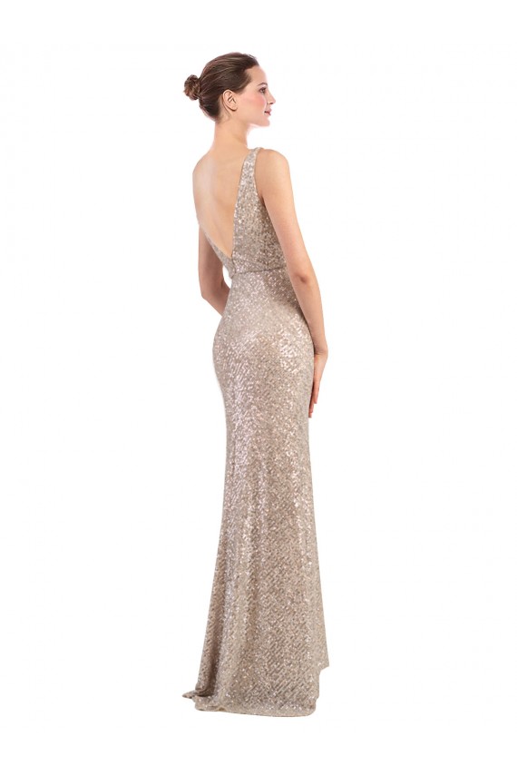 Buy Long Silver Sleeveless Sheath V-Back Formal Dress