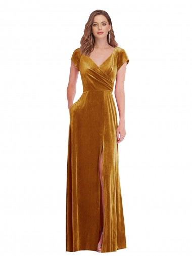 Buy Long Gold Cap Sleeves Sheath Formal Dress