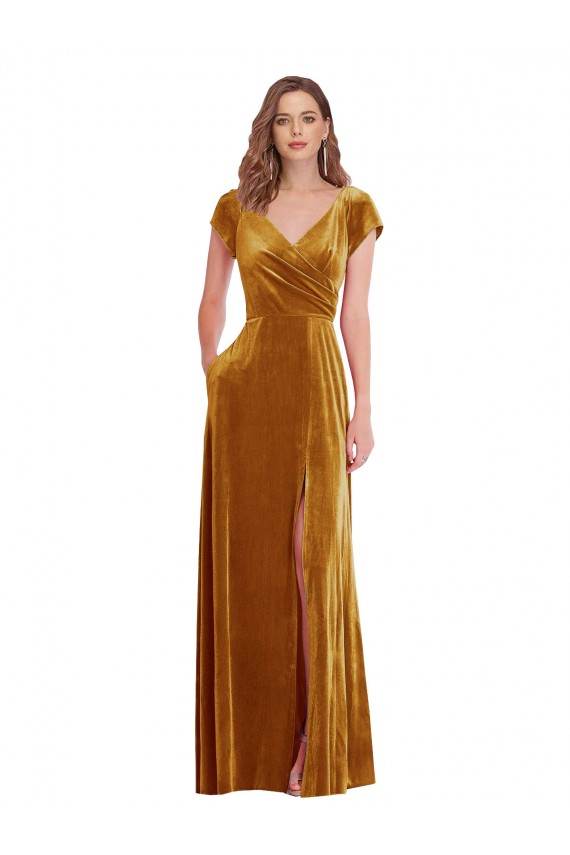 Buy Long Gold Cap Sleeves Sheath Formal Dress