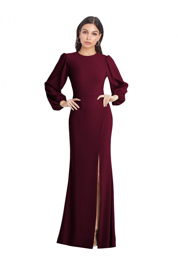 Buy Long Burgundy Gold Puff Sleeves Trumpet Open Back Formal Dress