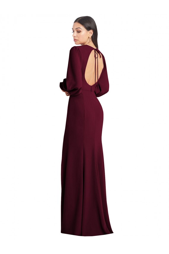 Buy Long Burgundy Gold Puff Sleeves Trumpet Open Back Formal Dress